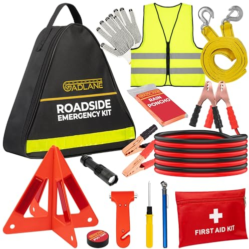 GADLANE Auto Panne Notfall Kit - Großes Auto Notfallset am Straßenrand mit Warndreieck, Starthilfekabel, Abschleppseil, Erste-Hilfe-Set