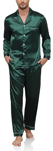 Reliwel Pyjamas, herr, lång satin, pyjamas-set, tvådelad, långärmad, knappslå hemmadräkt och pyjamasbyxor, sidenpyjamas, nattkläder, män, hemmakläder, sovkläder, loungewear