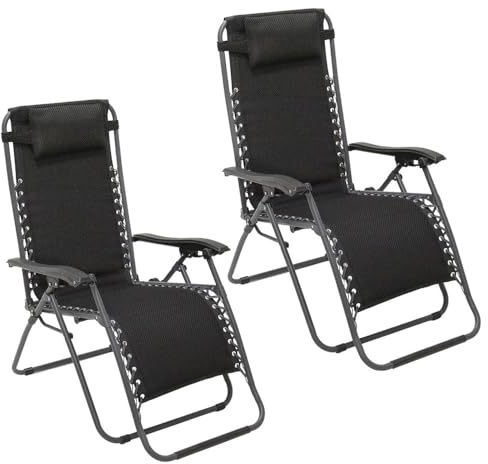 LOLAhome 2 sillas Gravedad Cero Camping jardín y terraza, reclinables, Bloqueo de Seguridad, Estructura Acero y Asiento Lona Oxford poliéster 3D Negras