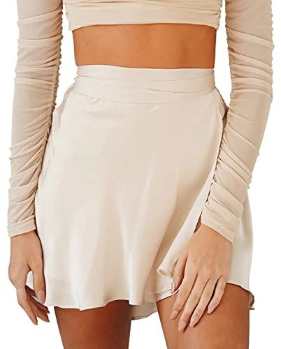 Gonne in chiffon da donna per mini gonne a linea A con elastico in vita gonna corta estiva tinta unita gonna elastica a vita alta gonna a matita casual minigonna vestiti estivi, Beige, S