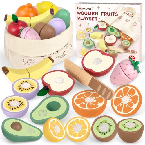 Beberolen Jouet Bois Fruit de Coupe pour Dinette Enfant, Jeux Ustensile Accessoire Cuisine Bois Enfant avec Couteau Aliment Nourriture, Kit Cadeau Anniversaire Pâques Halloween Noël Garçon Fille Bébé