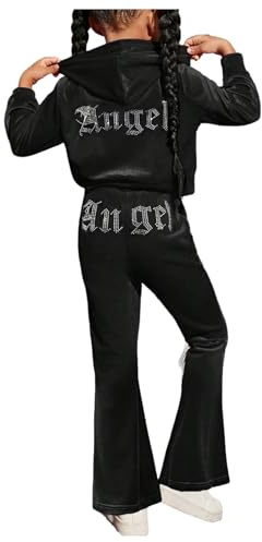 SHENHE Girl's Velour Tracksuit 2 Piece Outfits Rhinestone Zip Up Hoodie Flare Pants Set Sweatsuit Black 12Y