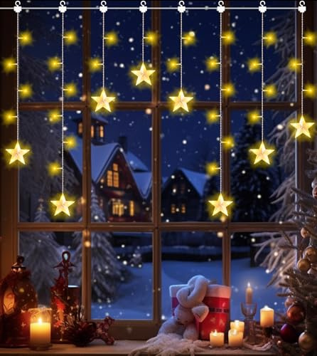 Christmas Window Stars Lights,85 Leds Curtain Lights Battery Operated with Timer and 8 Modes,10 Hooks,IP65 Waterproof Twinkle String Lights for Christmas Decorations Outdoor Indoor, Wedding, Party