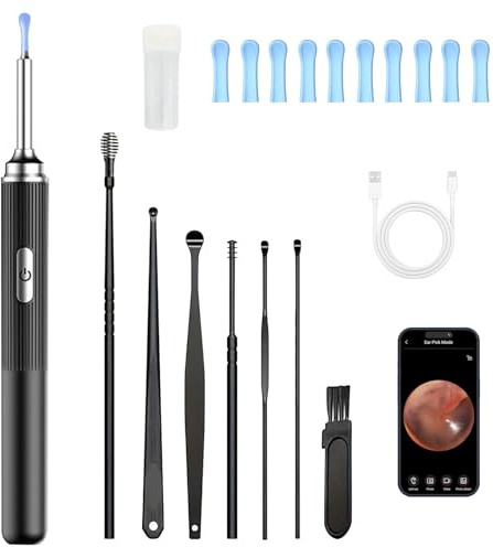 Otoscopio Limpiador Oidos, 3,5mm WiFi Endoscopio de Oído con 1080P Cámara y 6 LED, Limpieza de Oídos con 6 Puntas de Silicona Ear, Cleaner IP67 Impermeable para iOS/Android, Negro