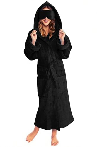 AMhomely Vestaglia da donna soffice e morbida con cappuccio, accappatoio da donna in pile felpato, vestaglia lunga pelosa con cappuccio Sherpa vestaglia di lusso, Nero , S