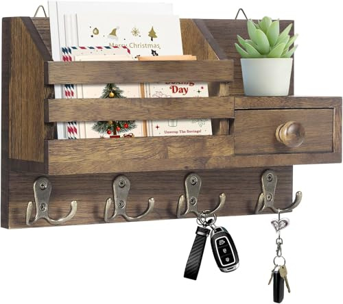 Irayin Appendi Chiavi a Muro con Cassetto Portaoggetti, Appendi Chiavi Ingresso con 4 Doppio Ganci, Portachiavi da Parete in Legno, Mensola da Parete per Casa, Ingresso, Ufficio - Marrone