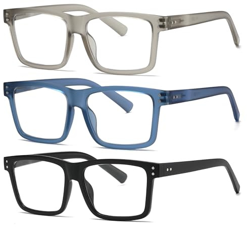 Fsread 3 Pack Oversized Reading Glasses for Men Blue Light Blocking TR90 Rectangle Frame Computer Readers With Spring Hinges +2.0