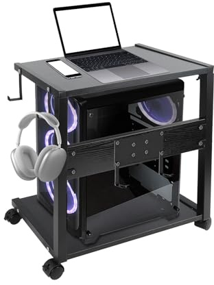 CISSIYOG Soporte Torre PC con Ruedas, Soporte para Impresora Ajustable en Altura, Mueble para Torre Ordenador de Sobremesa con 4 Ganchos, para Bajo Mesa (58.5-72 cm)