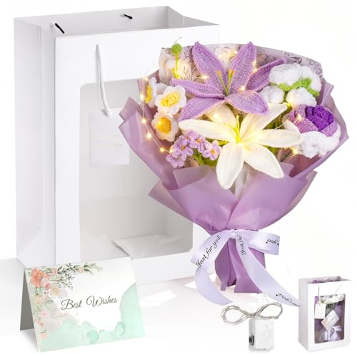 Ramo de Flores de Ganchillo, Flores de Crochet con Ramo, Bolsa, Guirnalda de Luces y Tarjeta de Felicitación, Rosas y Lirios Artificiales para Cumpleaños, Día de la Madre y Navidad (lirios)