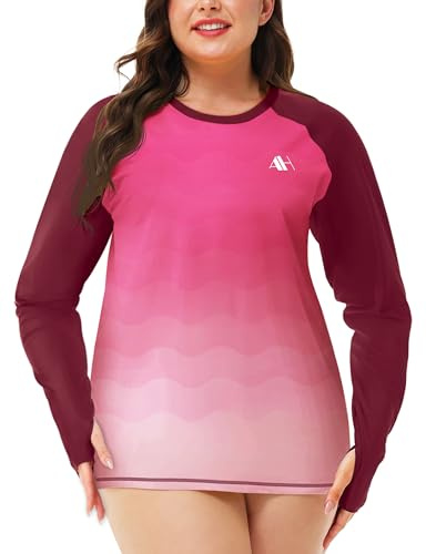 Arankhiger Damen Wasser Badeshirt UV Schwimmshirt Women Rashguard Schnelltrocknend Schwimmshirt Schwimmen Top Rosa Wellen XXL