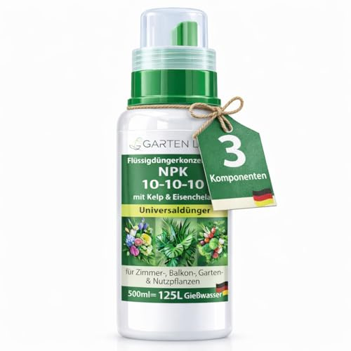 Garten Lux Fertilizzante Liquido Concentrato NPK 10-10-10 con Estratto di Kelp e Ferro Chelato – Concime Universale per Piante da Interno, Balcone, Giardino e Orto – 500 ml fino a 125 L