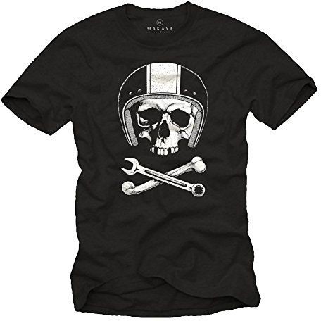 MAKAYA Maglietta per LA Meccanica - T-Shirt con Stampa Moto - Casco con Teschio Uomo Nera M