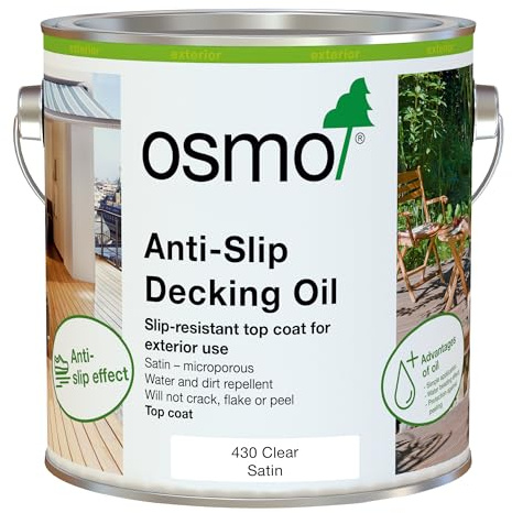 Osmo Halkfritt däckolja 430 klart satin 2,5 L – halkfritt topplack för yttre trädäck – mikroporöst träskydd – vatten- och smutsavstötande däckolja