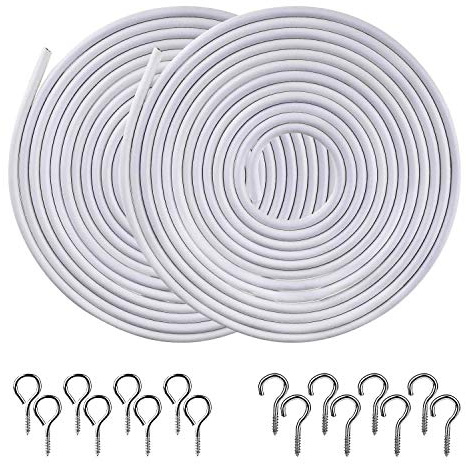 [2 Pack] Pinowu White Curtain Wire, Plastic Coated Window Curtain Wire, Picture Hanging Wire with 8 Pairs of Screw Eyes and Hooks