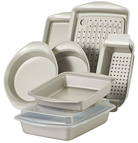 Rachael Ray Nonstick Bakeware Set without Grips includes Nonstick Bread Pan, Baking Pans, Cake Pans, Cookie Sheet / Baking Sheet - 10 Piece, Silver