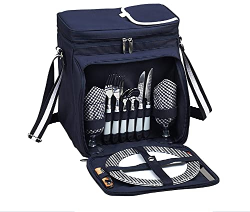 2 Person Picnic Bag UCARE Waterproof Insulated Wine Cooler Bag Lunch Bag with Insulated Cooler Compartment for Picnic Beach Camping BBQ Outdoor Fits 9” Plates Detachable Bottle/Wine Holder