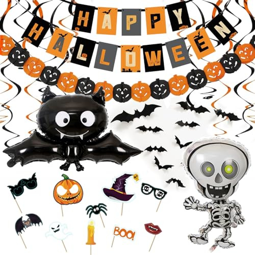 Halloween Deko Set XXL Girlande Happy Halloween, Skelett & Fledermaus Folienballons, 3D Fledermäuse Wandtattoo, Fotorequisiten & Spiralen - Grusel Party Deko