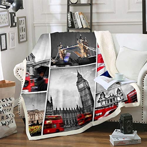 Mädchen Big Ben Wohndecke Rote Telefonzelle Kuscheldecke für Damen Herren Grau UK Thema Decke 130x150cm Englands Stadtbild London Bridge Dekor Flanell Fleecedecke