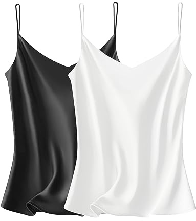 VIDUSSA Débardeurs Femmes Chemise Satin sans Manches Chemisiers Col V Blouse Haut T-Shirt Cami Tops 2 Pack BW XL