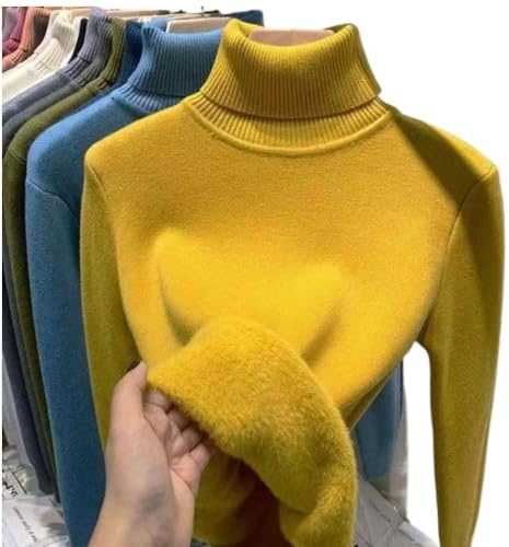 DYJAGYO Suéter de Invierno de Vellón de Punto Grueso para Mujer, Cuello Redondo, Cálido, Talla Medium, Color Amarillo