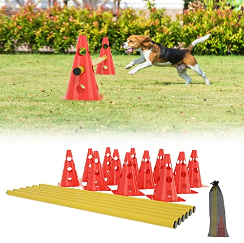 LILIIN Steckhürdenset 6er, Koordinationstraining, Kegelhürden 12 rote Kegel: 32cm+ 6 gelbe Stangen: 1m, Agility Training für Kinder, Hunde, Pferde