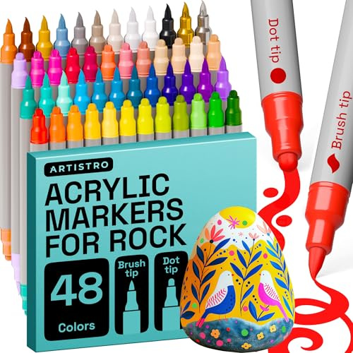 Artistro Acrylstifte für Stoff, Steine, Papier, Holz, Leinwand, Glas, Heimwerken – Sicher für Kinder, Acrylfarbenstifte mit Doppelspitze (Punkt + Pinsel, 48)