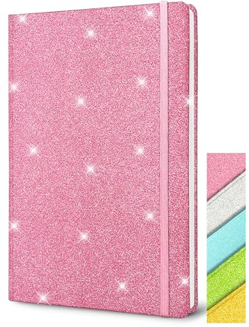 Cuaderno A5 de Purpurina Rosa, 21x14.5cm 80 Hojas Rayadas Purpurina Nunca se Desprende Libreta A5 de Tapa Dura con Purpurina Brillante Cuaderno de Notas para Mujer y Adolescentes Regalo Niñas