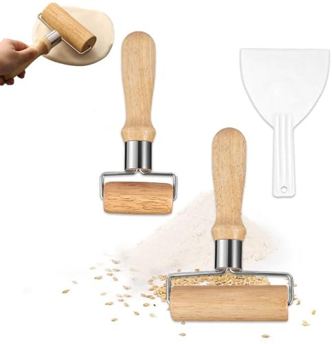 BUENTYA 2 PCS Rolling Pin T Shape Wood Rolling Pin Small and Medium Rolling Pins Pastry Pizza Roller Professional Dough Roller with a Dough Scraper for Baking Pizza, Pastries, Pasta, Cookies