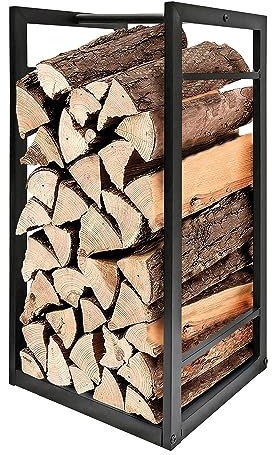 Brightium Soporte para leña 33x33x68 cm, metal resistente, diseño moderno, ideal para mantener ordenada la leña y optimizar espacio.