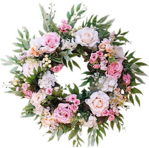 Door Wreath, Outdoor Summer Spring Wreaths, 56 cm Large Pink Rose Flower Wreath Farmhouse Artificial Flowers Wreath for Front Door Home Wall Wedding Tabletop Summer Decor (Champagne Pink)