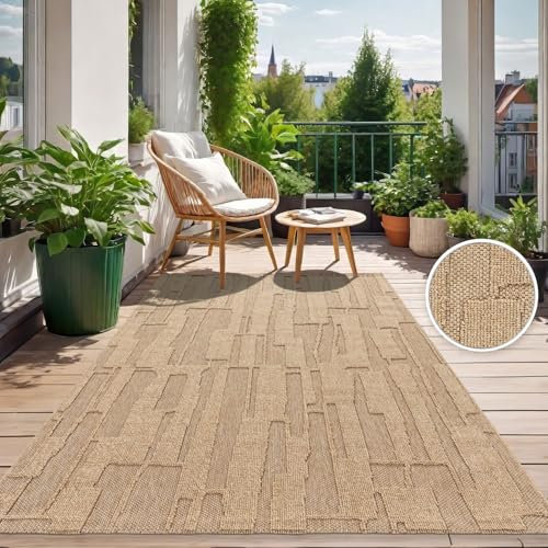 TT Home In-& Outdoor Teppich Wetterfest Balkon Küche Wohnzimmerteppich Boho Hoch-Tief-Effekt Abstraktes Motiv Moderner Style, Farbe:Dunkelbeige, Größe:80x150 cm