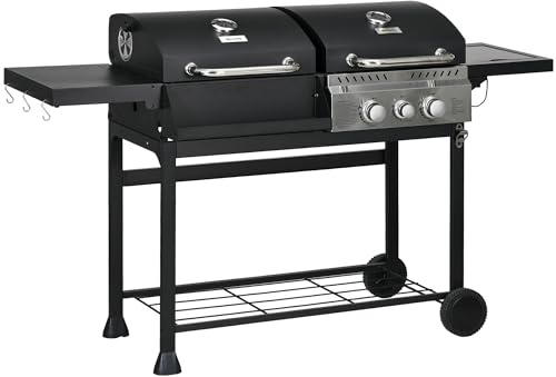 Outsunny Dual Fuel BBQ Grill, Charcoal and 2+1 Gas Burner Barbecue Grill with Wheels, Warming Rack, Shelves, Thermometer, Bottle Opener, Black