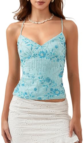 LYSINK Women Spaghetti Strap Cami Top Y2K Sequin Cami Top Sexy Pearl Embellished Halter Tank Tops Summer Backless Camisole (Ba Blue, S)