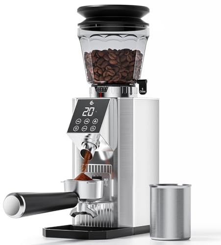 AMZCHEF Elektrische Kaffeemühle mit 45 Mahlgraden, Espresso-Mühle mit höhenverstellbarem Siebträgerstand, LED-Touchpanel, Anti-Statik-Design und Speicherfunktion–Edelstahl-Kaffeemühle für Siebträger