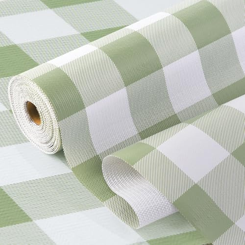 Insigoo Kitchen Drawer Liners, Non Slip Shelf Liners for Cupboards, Non Adhesive Cabinet Mat, 30x600cm Protector Liner for Shelves, Waterproof Washable Shelf Mats for Bedroom Wardrobe, Green/White