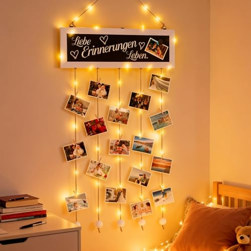Meetory Cortina de fotos con 30 pinzas de madera, pared de fotos con pinzas, guirnalda de fotos, collage con 5 cuerdas de cáñamo, 3 imanes para decoración, exposición, regalos personalizados