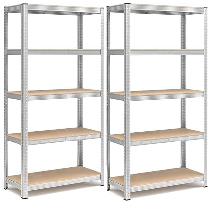 Set 2 Scaffali in Metallo 40x90x180 cm – Scaffalatura a 5 Ripiani Regolabili Senza Viti, Portata 875 kg Totale (175 kg per Ripiano) – Scaffale Salvaspazio Garage Cantina Officina con Ripiani in MDF