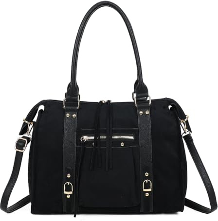 Double Tree Grand Sac Bowling En Bandoulière Femme - Sac à Main Cabas Fourre-Tout Travail Cours Format A4 - Similicuir Suédine Souple - Chic Tendance - Noir