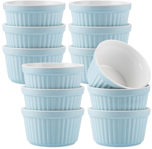 LDXDRU Juego de 12 moldes para souffle, aptos para horno, 200 ml, color crema Brulee, juego de cuencos de cerámica para hornear y servir, mini moldes de porcelana para postres, magdalenas, pasteles