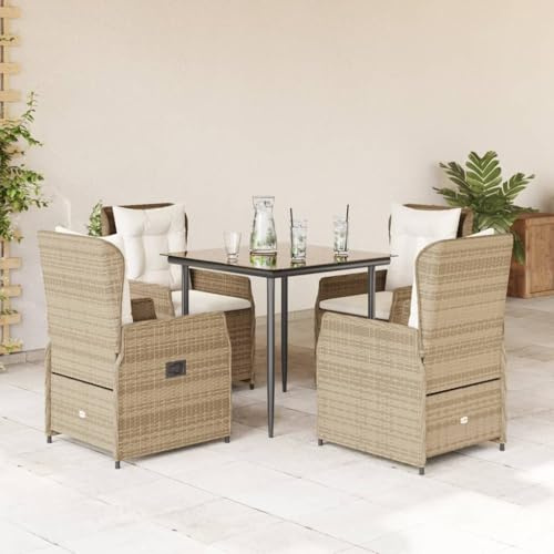 Mokuyary Grupo de comedor de jardín de 5 piezas con cojín, color beige, poliratán poliral, juego de asientos con sillas y mesa, juego de muebles de balcón para terraza, jardín, balcón -C-1