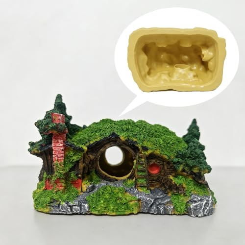 DHSUN Fish Tank Decorations Hobbit House Resin Cave，Aquarium Ornaments with 4 Openings, Shrimp Hide & Fish Cave for Small/Medium Fish, Aquarium Decor for Freshwater & Marine Tanks 15×11×9cm