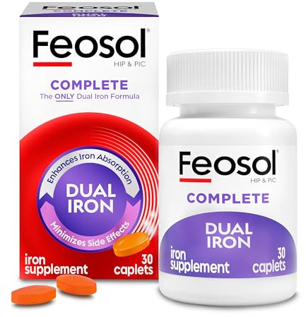 Feosol Complete Iron Supplement Caplets, Bifera Iron for High Absorption, Heme and Non-Heme Dual Action Minimizes Side Effects, 1 Per Day, for Energy and Immune System Support, Made in USA, 30 Count