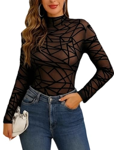 Aranmei Women Sexy Sheer Floral Lace Bodysuit Long Sleeve Teddy Lingerie, S, Black Striped