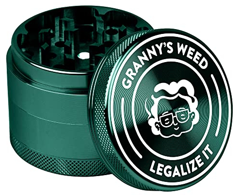 Granny‘s Premium Aluminium Grinder | messerscharfes Mahlwerk | ∅ 5,5 cm | 4-teilig | inkl. Pollenschieber | Kräutermühle in Gras Grün u. weiteren edlen Designs
