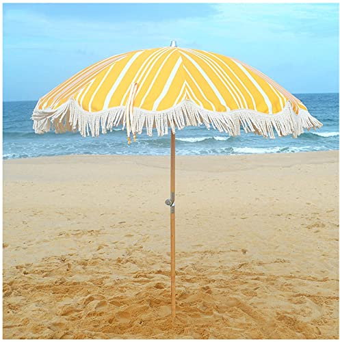 KLLJHB Sonnenschirm Garten 6,6 Fuß/200 cm Strandschirm Outdoor Sonnenschirm Regenschirm neigbar mit Fransen 8 Rippen Holzstange für Pool, Hinterhof, Deck