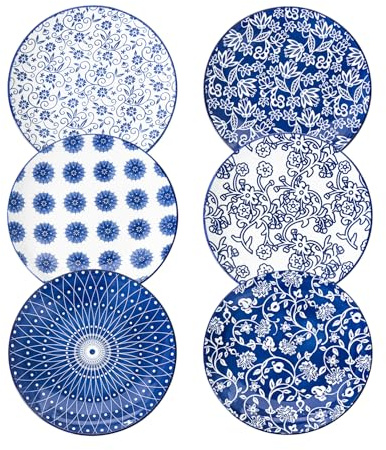 Cerkik - Set di 6, 21 cm piatti da insalata in ceramica, per cucina, cena, pasta, antipasti, panini, antigraffio, adatti al microonde - lavabili in lavastoviglie - Blu Vintage