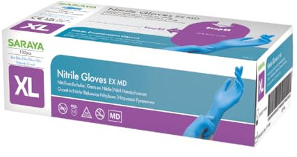 SARAYA Gants Nitrile - Bleus - Taille XL - Sans Latex - Non Poudré - Grande Élasticité - Ajustement Optimal - Doigts Anti-Dérapants - Haute Résistance - Gants Jetables - 100 Pièces