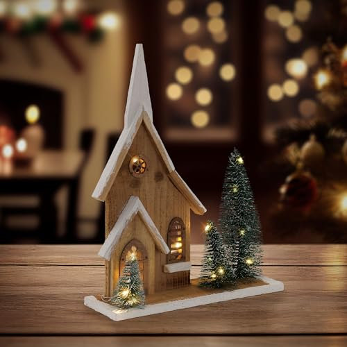ECD Germany Holz-Weihnachtshaus mit LED-Beleuchtung, Warmweiß, 28x9x34 cm, batteriebetrieben, Timer, Deko Holzhaus 3 Tannen, Dekorative Winterhaus beschneit, Weihnachtsdeko Innen, Weihnachtsdekoration