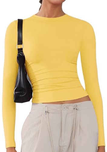 ARCFEETORY Women's Long Sleeve Shirts Crew Neck Tops Basic Tees T-Shirts Lemon Yellow M