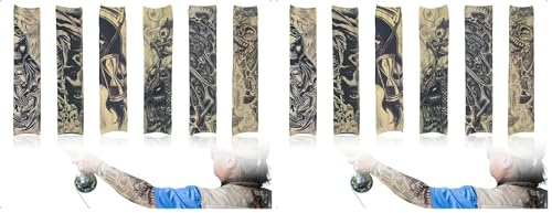 Emezddo Juego de 6 mangas de tatuaje, medias de brazo con tatuaje de protección solar, para hombres, mujeres, carnaval, fiestas de Mardi Gras, disfraces festivos y representaciones teatrales